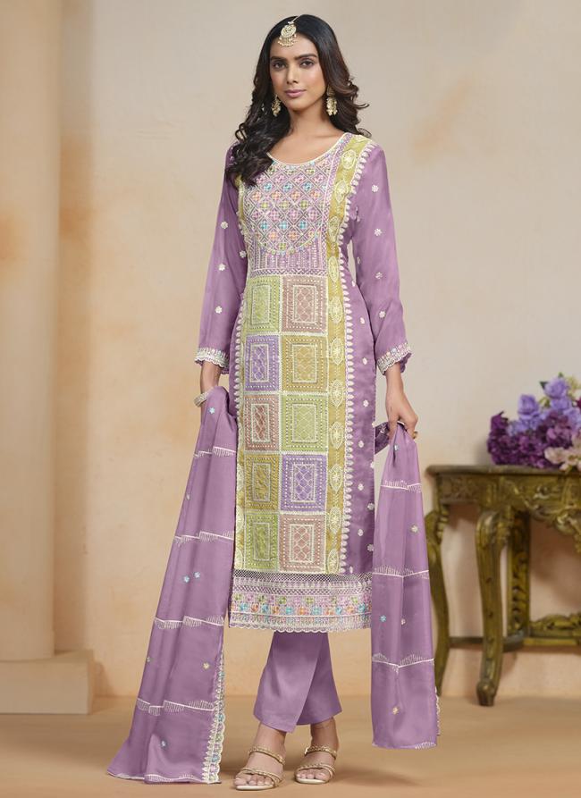 Soft Organza Lilac Festival Wear Embroidery Work Straight Suit